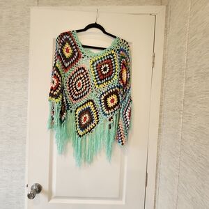 Colorful Crochet Poncho with Fringe